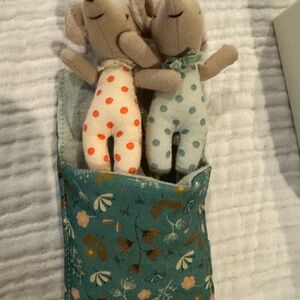 Adorable Polka Dot Plush Maileg Twin Mice with Floral Blanket and Matchbox